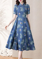 Vestido vaquero de algodón para vacaciones, moderno, azul, con cuello alto, estampado y dobladillo extragrande, manga corta